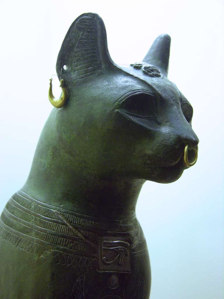 British Museum Top 20 11-2 Gayer-Anderson Cat Close Up 11. Gayer-Anderson Cat  Saqqara Egypt, after 600BC, 42cm high. Here is a close up showing the gold rings, a silvered collar round its neck and a silver protective wedjat eye amulet.